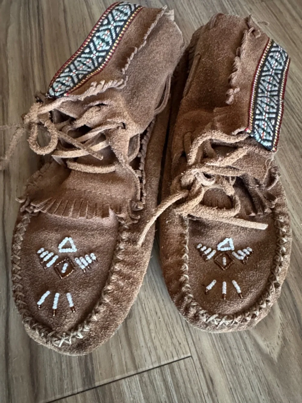 Kids Brown Suede Fringe Moccasin Shoes with Beaded Accent